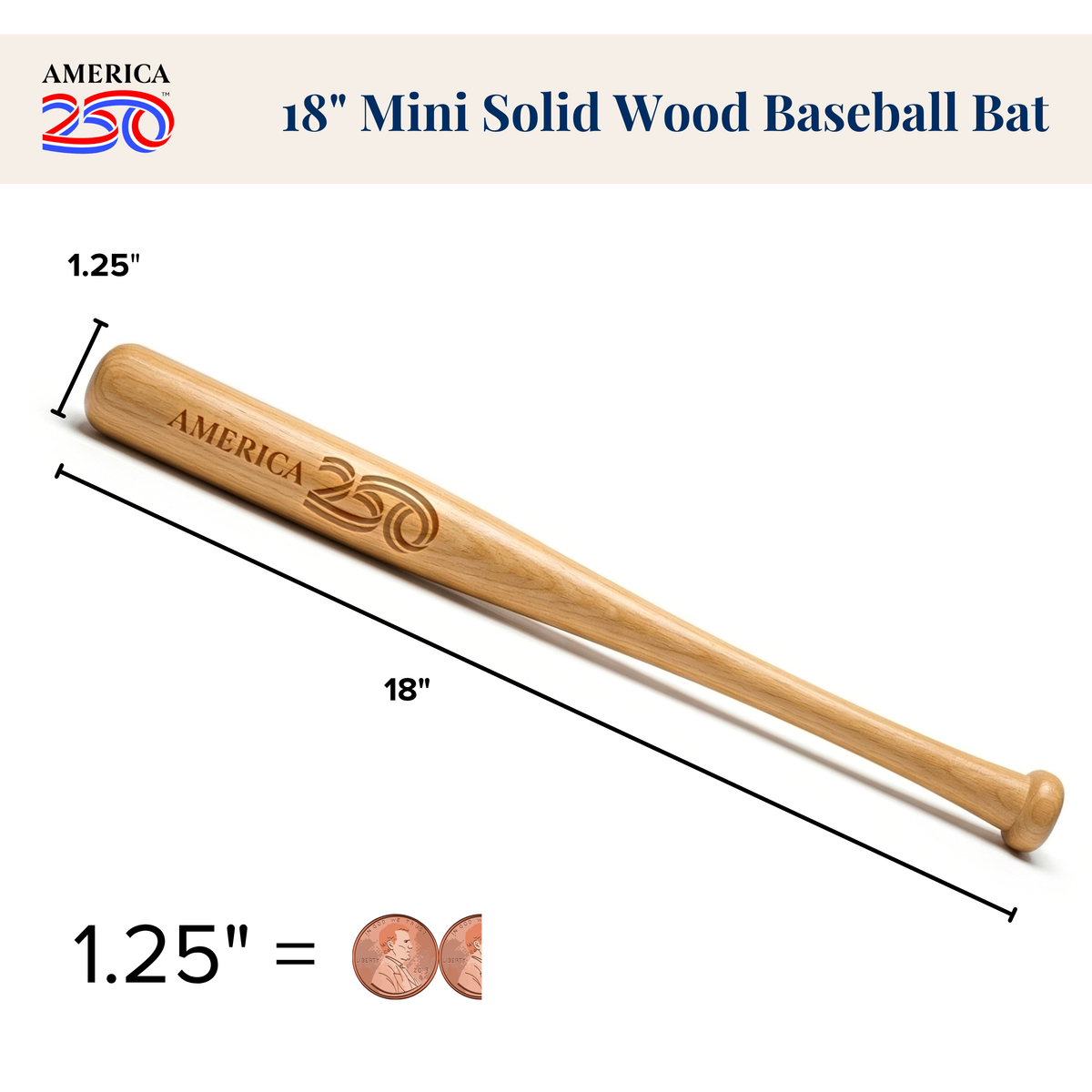 24 Inch Bat America250™ Engraved 18” Mini Solid Wood Baseball Bat