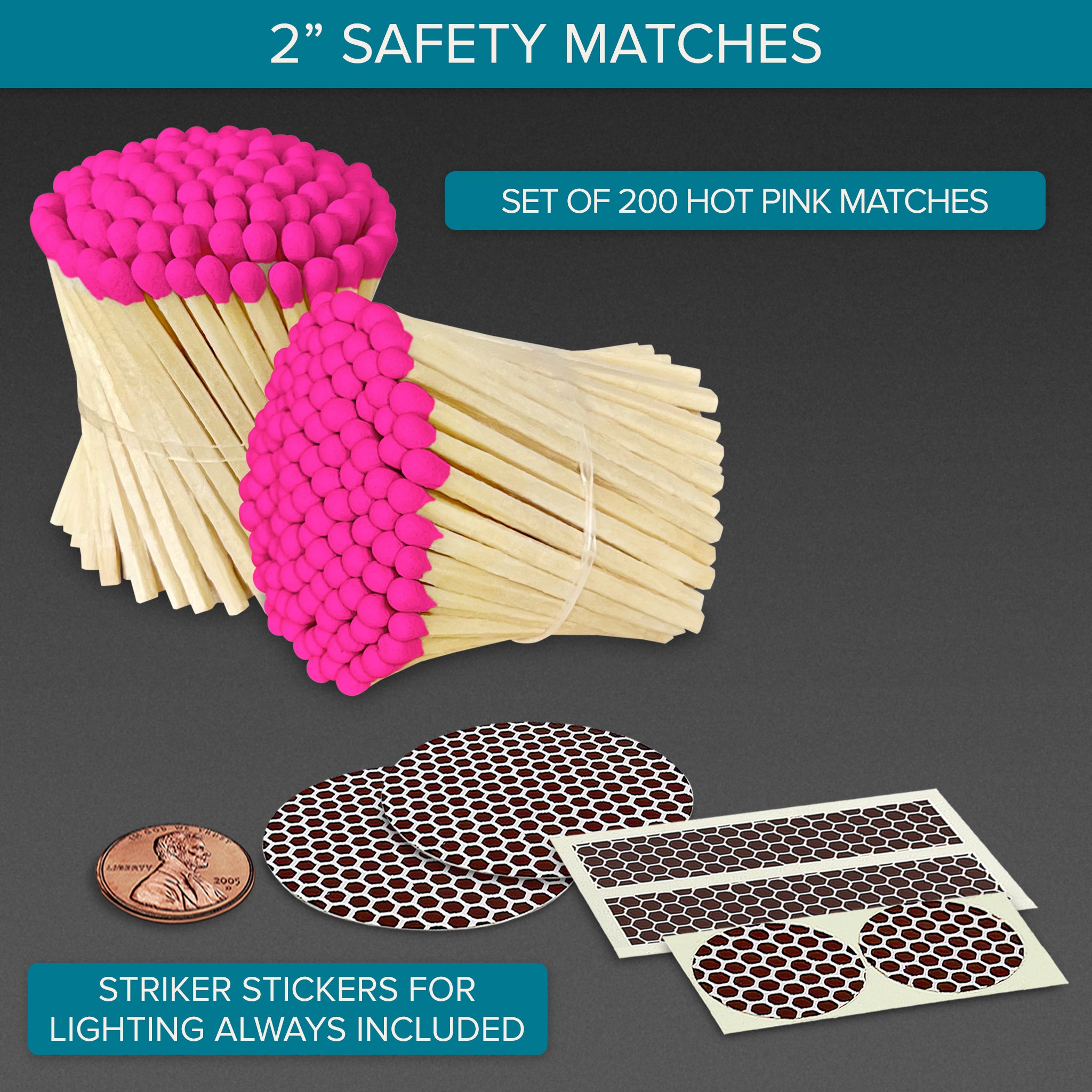 Pink Matches Sticker 2” Hot Pink Tip Safety Matches - 200 Matchsticks