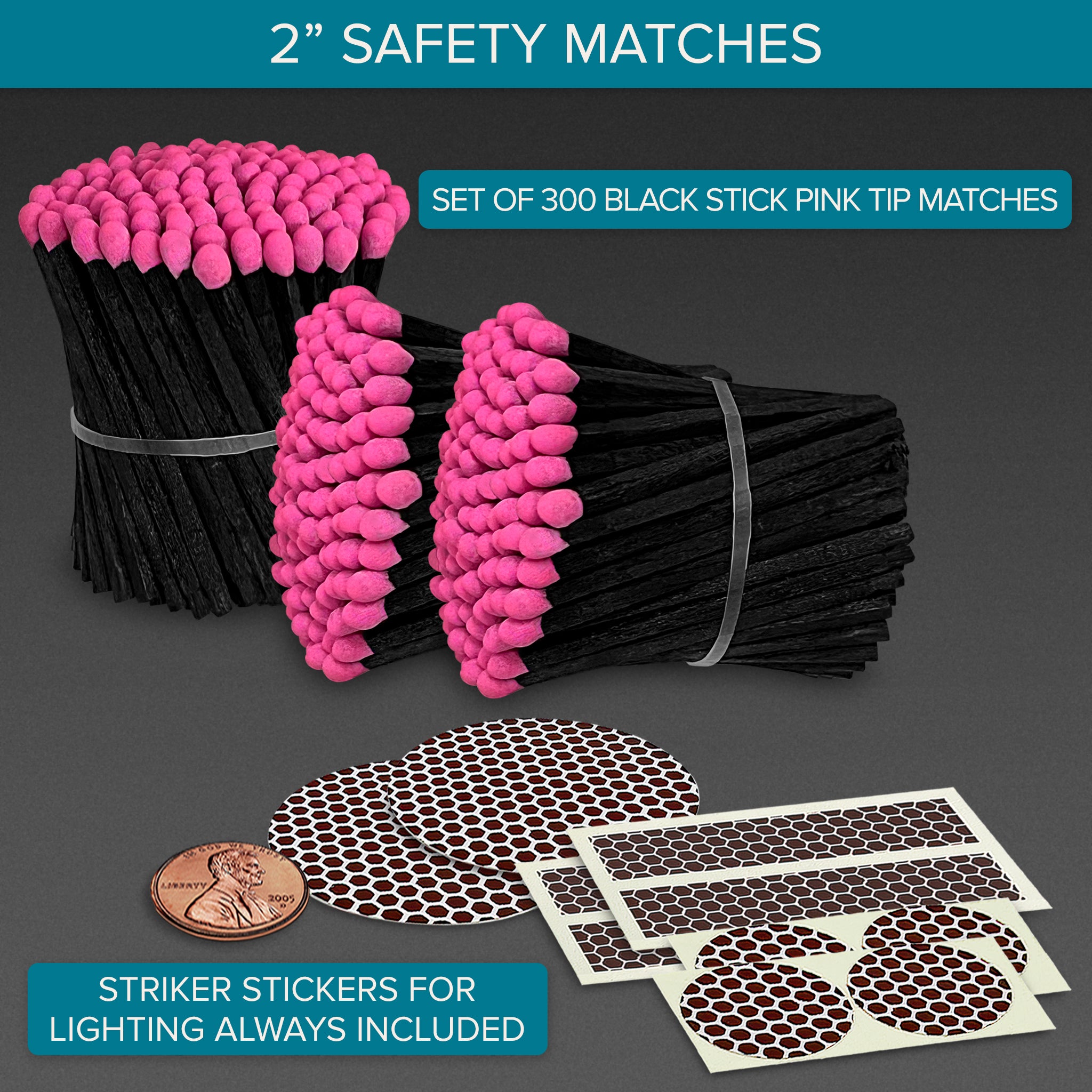 Pink Matches Sticker 2” Black Stick Hot Pink Tip Safety Matches - 300 Matchsticks