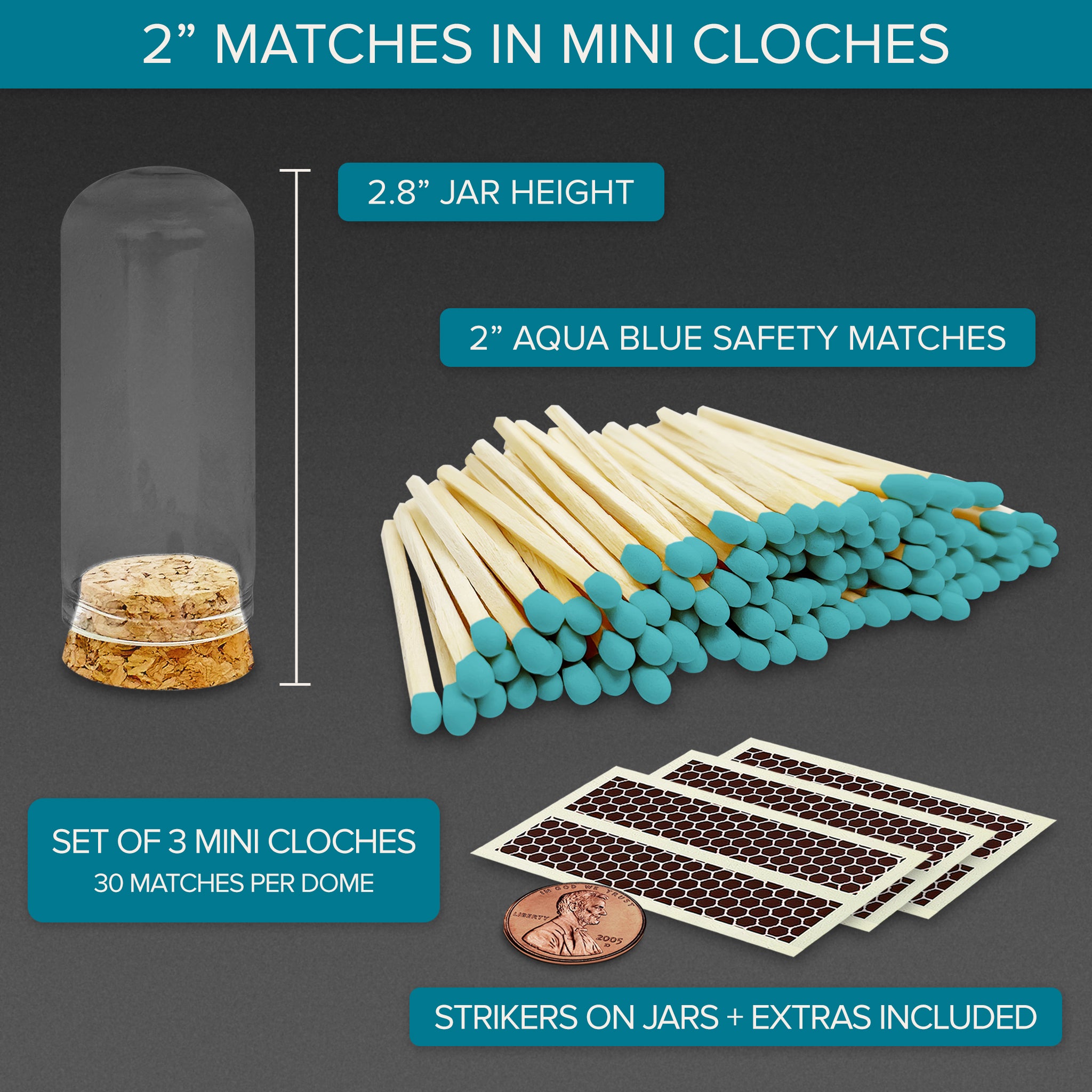 2" Aqua Blue Tip Safety Matches in 3 Mini Cloches
