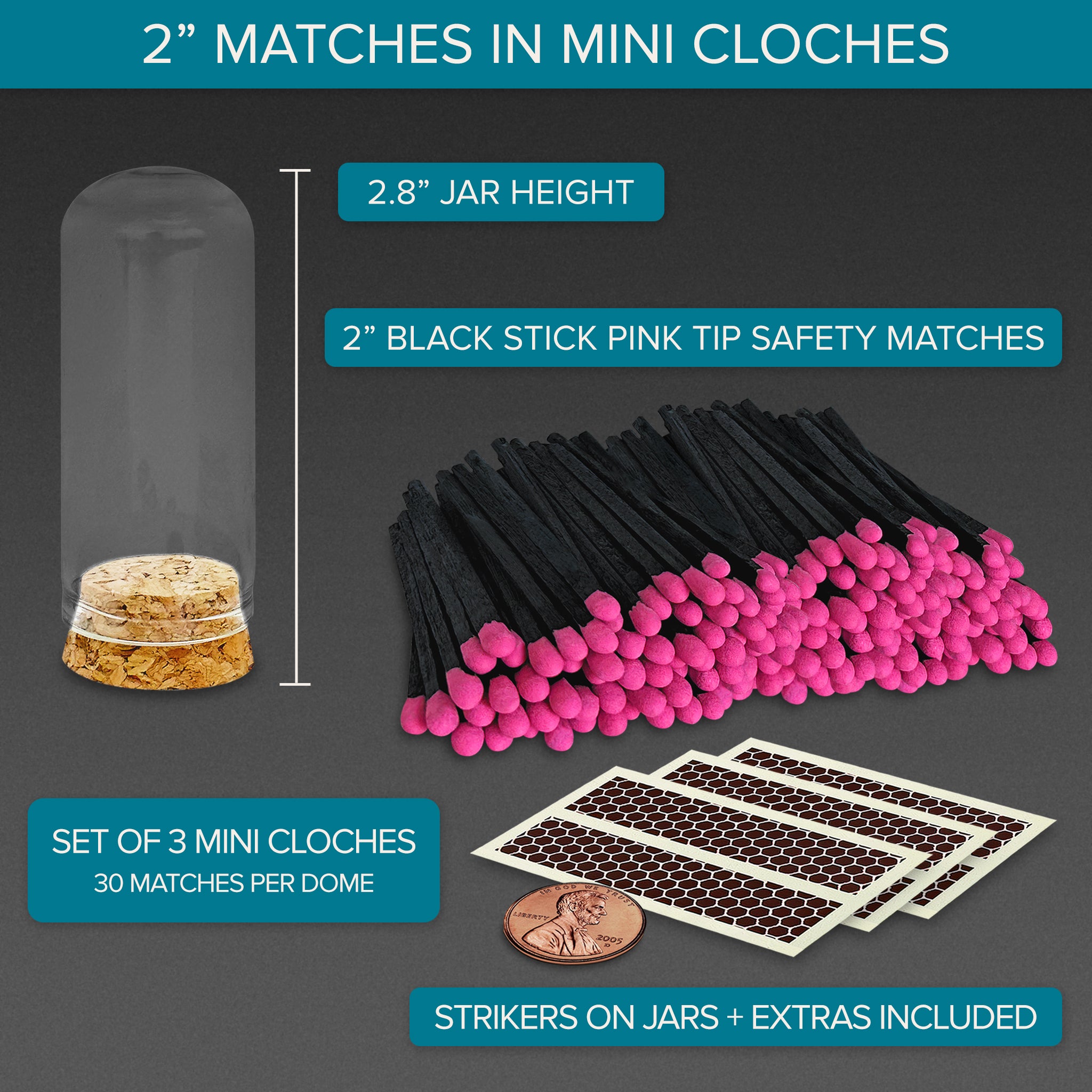 2" Black Stick Hot Pink Tip Safety Matches in 3 Mini Cloches