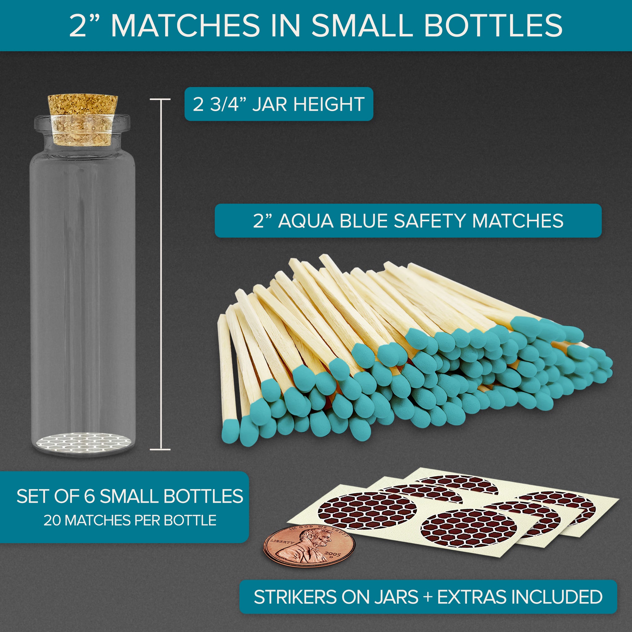 2" Aqua Blue Tip Safety Matches in 6 Small Bottles