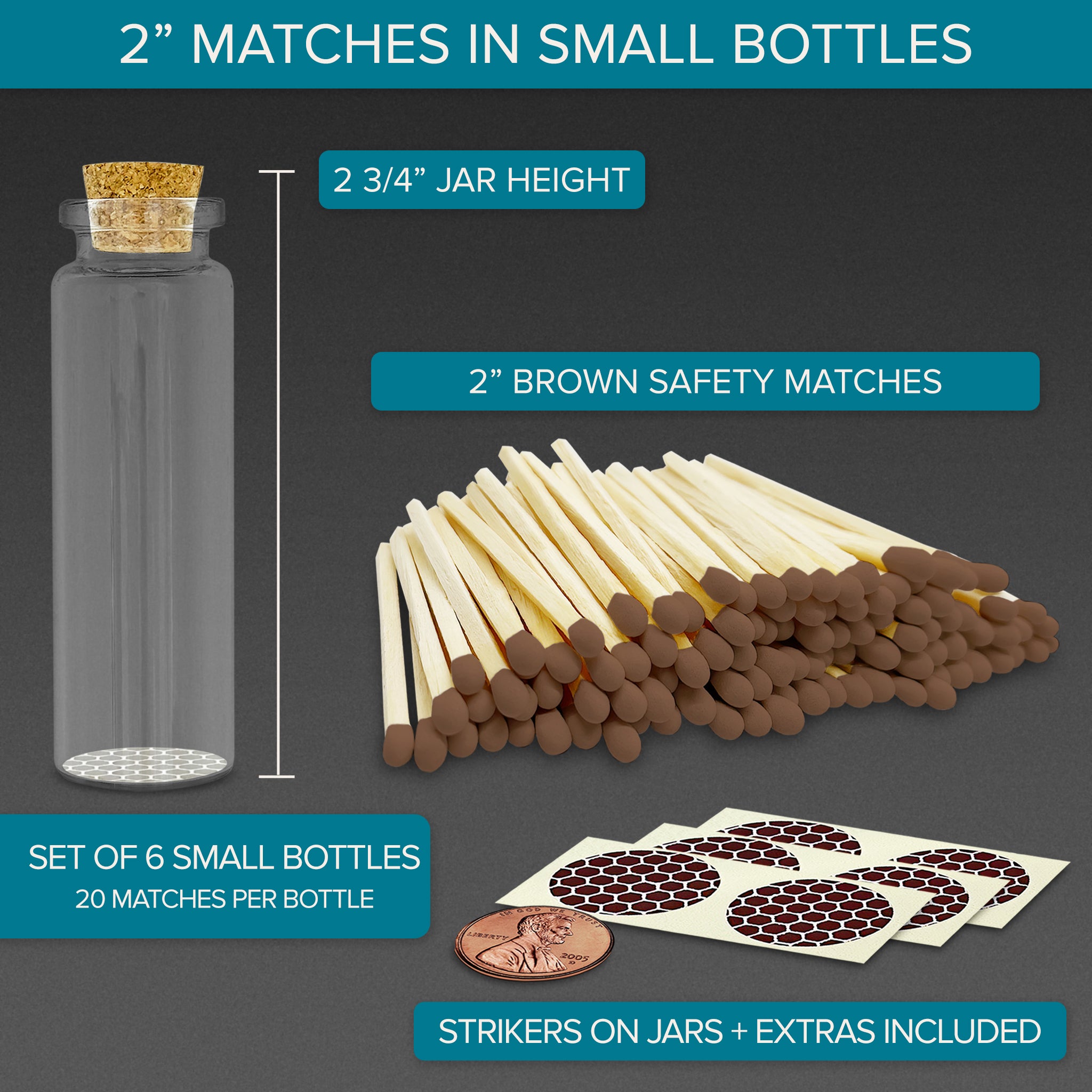 2" Brown Tip Safety Matches in 6 Small Bottles