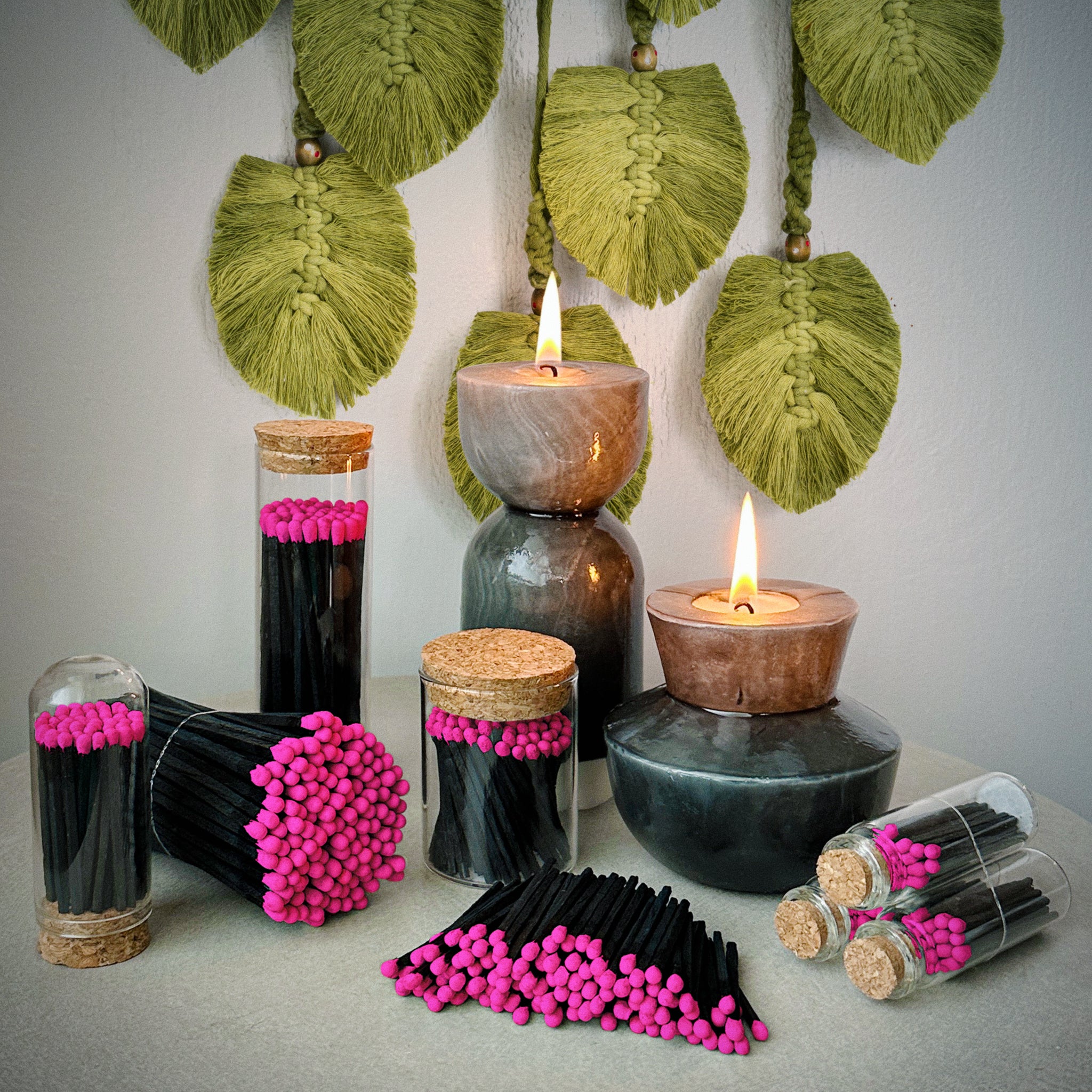 2" Black Stick Hot Pink Tip Safety Matches in 3 Mini Cloches