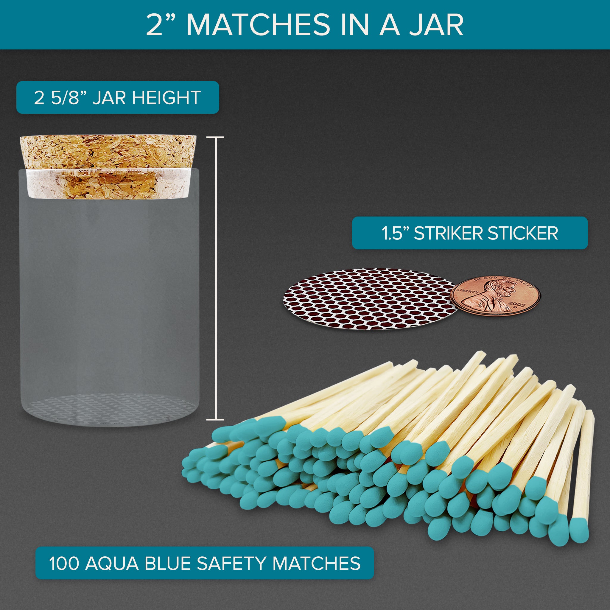 2" Aqua Blue Tip Safety Matches in a Cork Top Jar